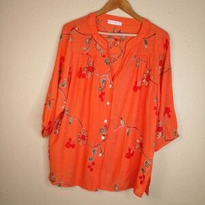 Ana & Rose Embroidered Orange Floral Boho Tunic Top Size XLarge Button Down